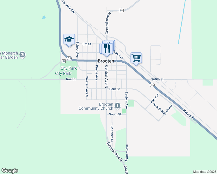 map of restaurants, bars, coffee shops, grocery stores, and more near 340 Central Avenue North in Brooten