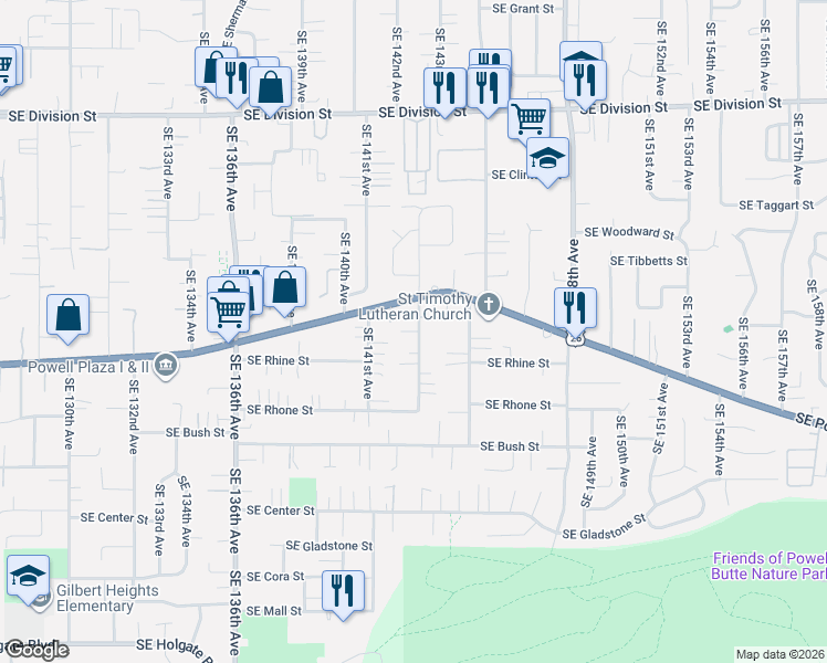 map of restaurants, bars, coffee shops, grocery stores, and more near 3349 Southeast 143rd Avenue in Portland