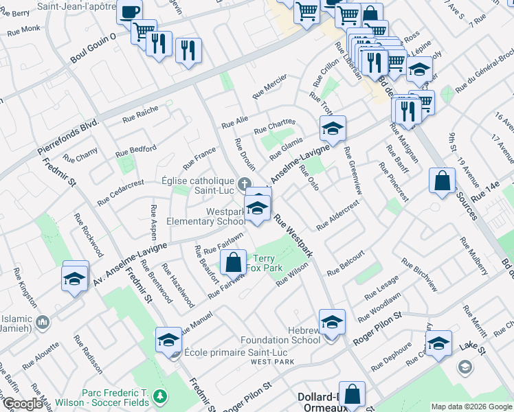 map of restaurants, bars, coffee shops, grocery stores, and more near 50 Rue Westpark in Dollard-des-Ormeaux