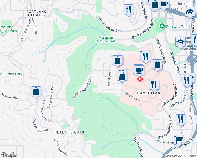 map of restaurants, bars, coffee shops, grocery stores, and more near 3412 Southwest 13th Avenue in Portland
