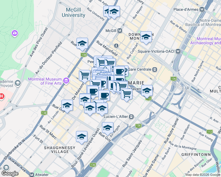 map of restaurants, bars, coffee shops, grocery stores, and more near 1211 Rue Drummond in Montrã©Al