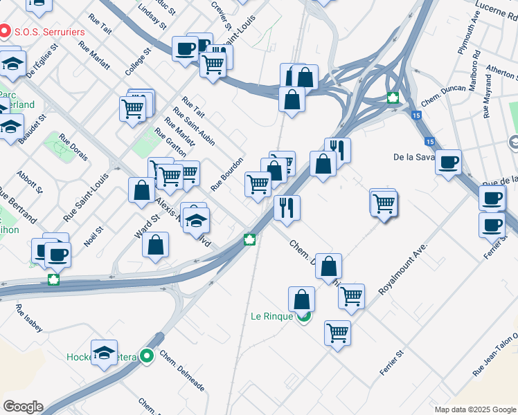 map of restaurants, bars, coffee shops, grocery stores, and more near 5595 Chemin de la Côte de Liesse in Montréal