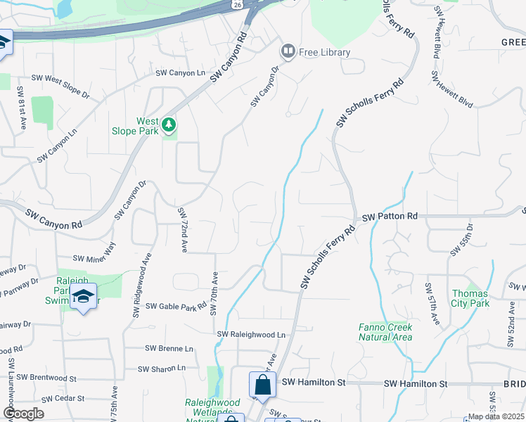 map of restaurants, bars, coffee shops, grocery stores, and more near 6680 Southwest Raleighview Court in Portland