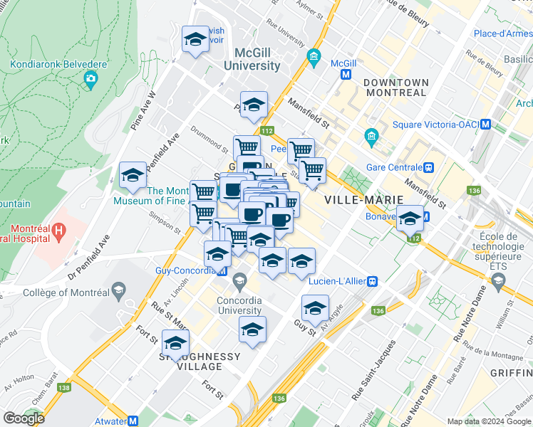 map of restaurants, bars, coffee shops, grocery stores, and more near 1430 Rue de la Montagne in Montréal