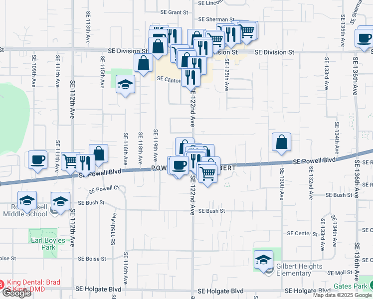 map of restaurants, bars, coffee shops, grocery stores, and more near 3317 Southeast 122nd Avenue in Portland
