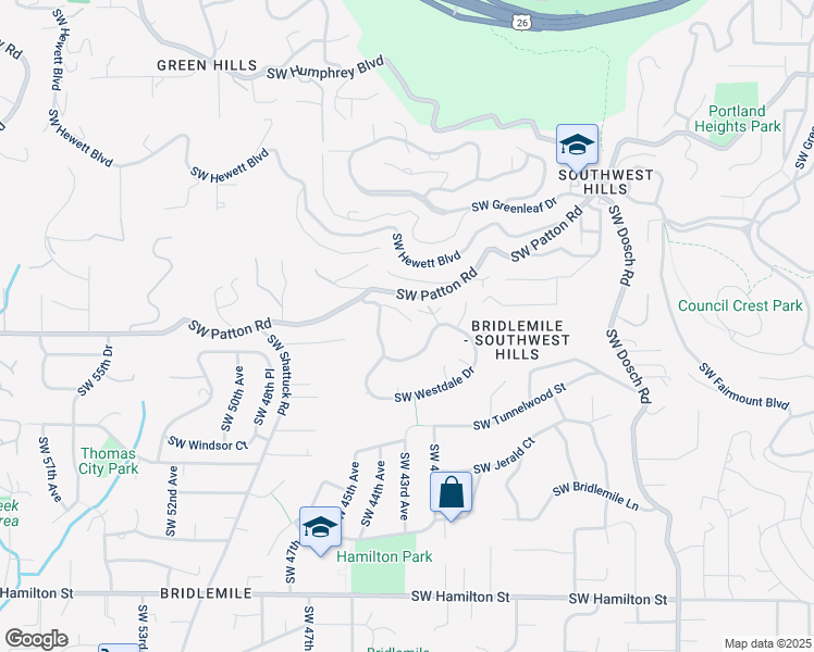 map of restaurants, bars, coffee shops, grocery stores, and more near 3450 Southwest 44th Avenue in Portland