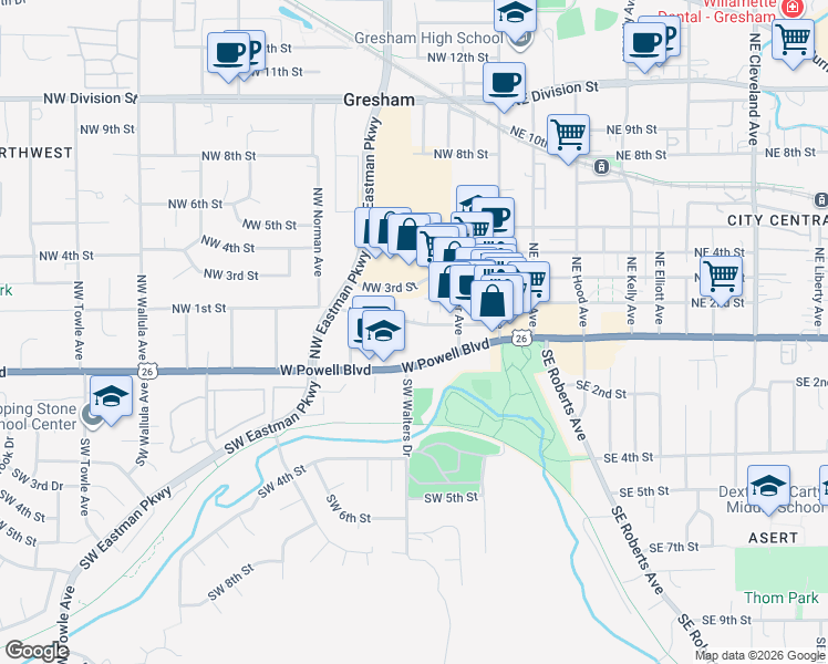 map of restaurants, bars, coffee shops, grocery stores, and more near 224 Northwest 1st Street in Gresham