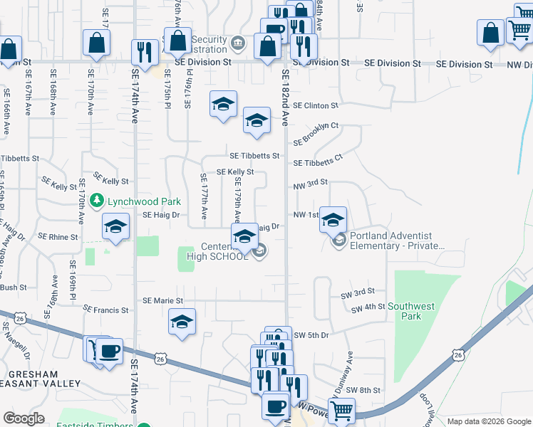 map of restaurants, bars, coffee shops, grocery stores, and more near 18030 Southeast Pershing Court in Portland