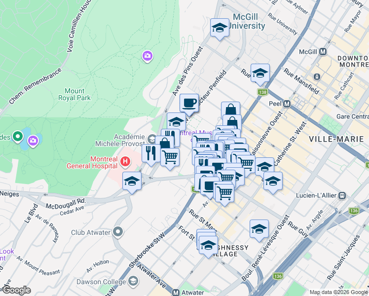map of restaurants, bars, coffee shops, grocery stores, and more near 3470 Rue Simpson in Montreal