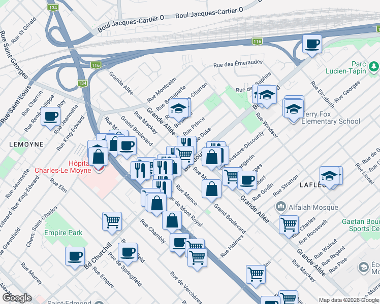 map of restaurants, bars, coffee shops, grocery stores, and more near 3180 Grande Allée in Longueuil