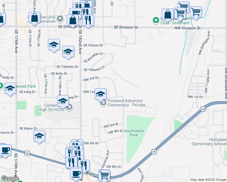 map of restaurants, bars, coffee shops, grocery stores, and more near 127 Northwest Royal Court in Gresham