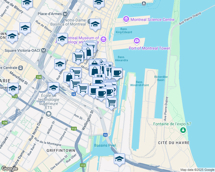 map of restaurants, bars, coffee shops, grocery stores, and more near 20 Rue des Soeurs-Grises in Montréal