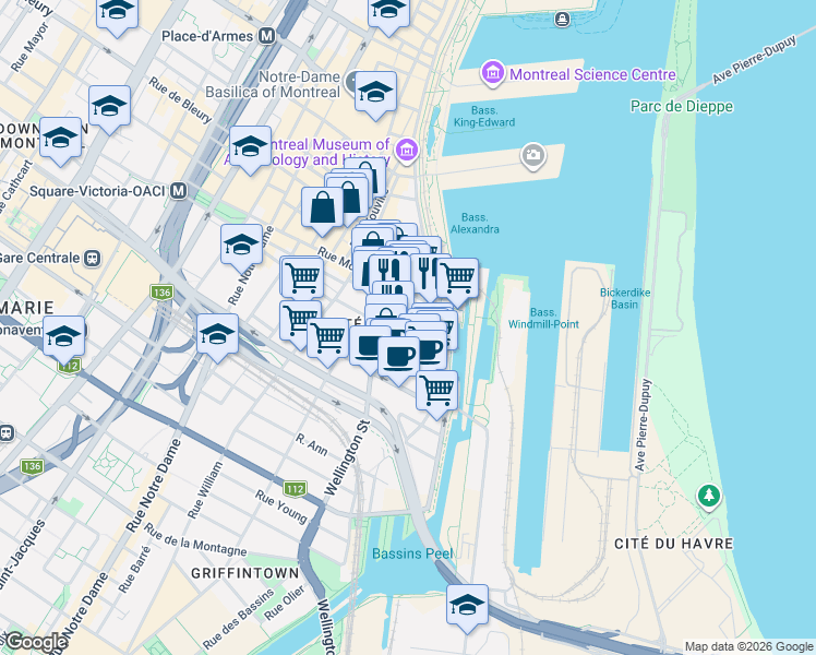 map of restaurants, bars, coffee shops, grocery stores, and more near 50 Rue des Soeurs-Grises in Montréal