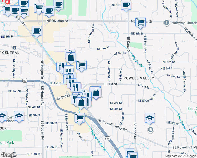 map of restaurants, bars, coffee shops, grocery stores, and more near 50 Northeast Village Squire Avenue in Gresham