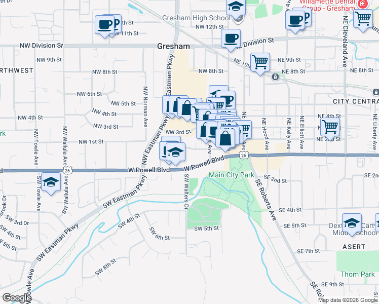 map of restaurants, bars, coffee shops, grocery stores, and more near 224 Northwest 1st Street in Gresham