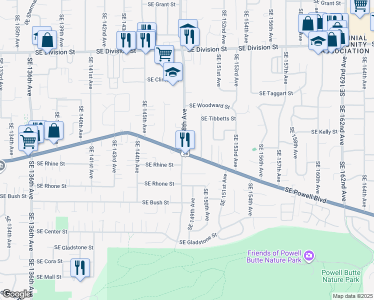 map of restaurants, bars, coffee shops, grocery stores, and more near 14919 Southeast Powell Boulevard in Portland