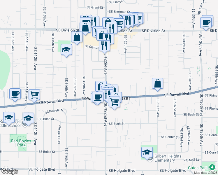 map of restaurants, bars, coffee shops, grocery stores, and more near 3302 Southeast 122nd Avenue in Portland