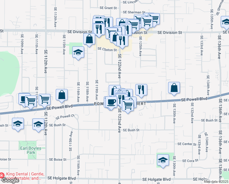 map of restaurants, bars, coffee shops, grocery stores, and more near 3317 Southeast 122nd Avenue in Portland