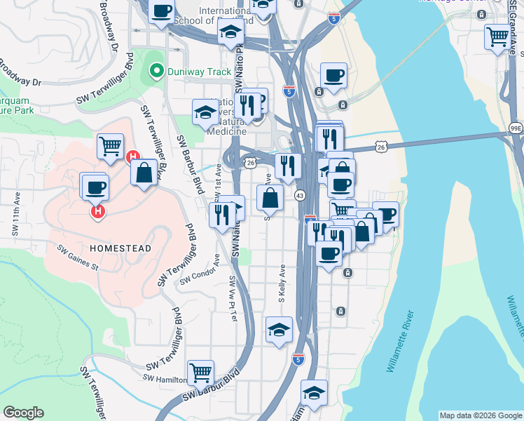 map of restaurants, bars, coffee shops, grocery stores, and more near in Portland