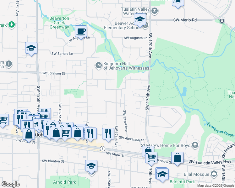 map of restaurants, bars, coffee shops, grocery stores, and more near 3030 Southwest 174th Avenue in Beaverton