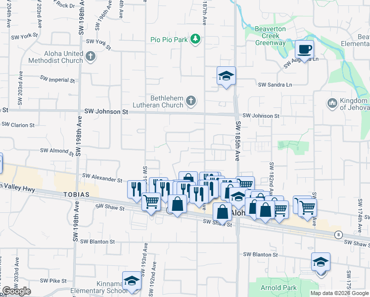 map of restaurants, bars, coffee shops, grocery stores, and more near 3117 Southwest Doyle Place in Aloha