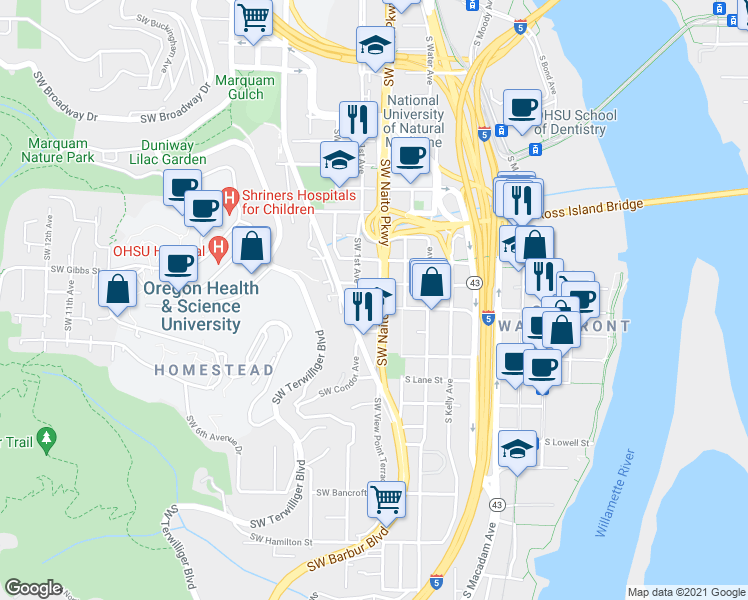 map of restaurants, bars, coffee shops, grocery stores, and more near 11 Southwest Curry Street in Portland