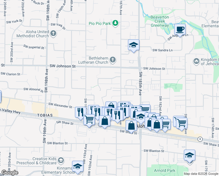 map of restaurants, bars, coffee shops, grocery stores, and more near 3117 Southwest Doyle Place in Aloha
