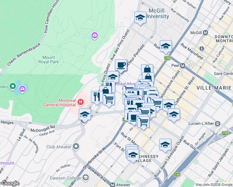 map of restaurants, bars, coffee shops, grocery stores, and more near 3470 Rue Simpson in Montréal