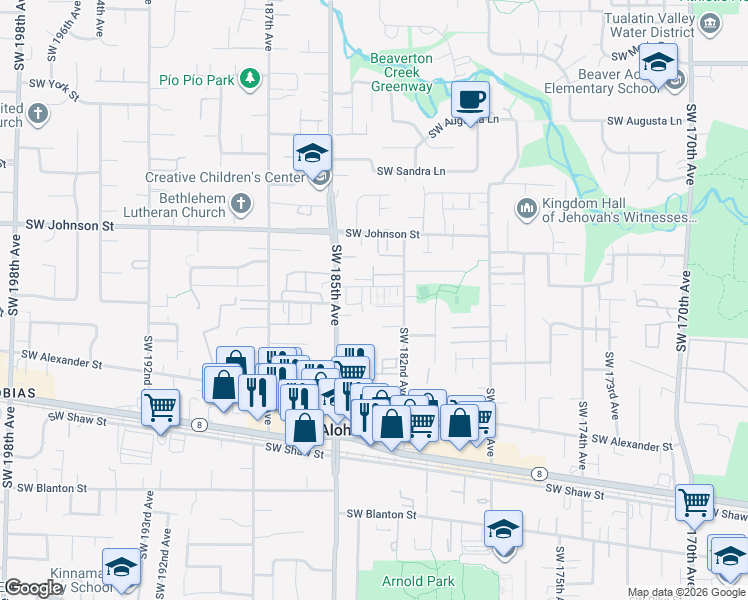 map of restaurants, bars, coffee shops, grocery stores, and more near 18264 Southwest Anna Mae Lane in Beaverton