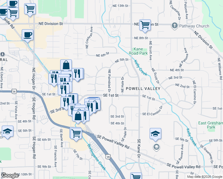 map of restaurants, bars, coffee shops, grocery stores, and more near 20 Northeast Palmblad Drive in Gresham
