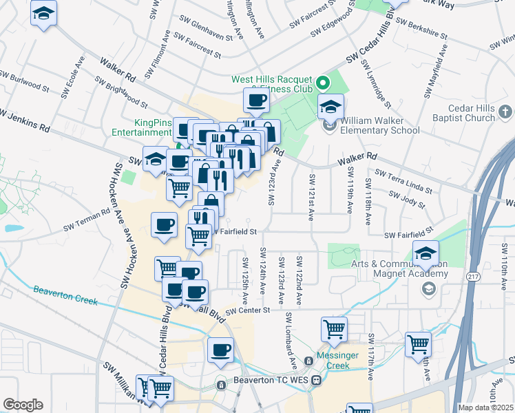 map of restaurants, bars, coffee shops, grocery stores, and more near 12520 Southwest Gem Lane in Beaverton