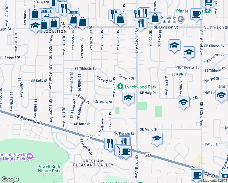 map of restaurants, bars, coffee shops, grocery stores, and more near Southeast 170th Avenue in Portland