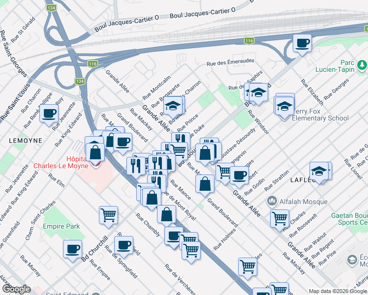 map of restaurants, bars, coffee shops, grocery stores, and more near 3180 Grande Allée in Longueuil
