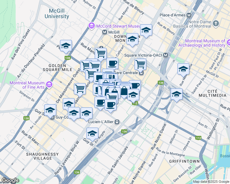 map of restaurants, bars, coffee shops, grocery stores, and more near in Montreal