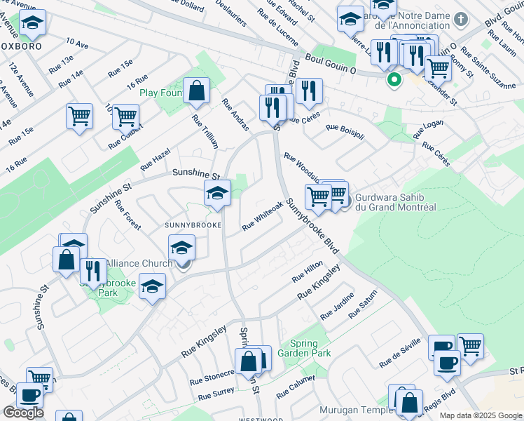 map of restaurants, bars, coffee shops, grocery stores, and more near 44 Rue Whiteoak in Dollard-des-Ormeaux