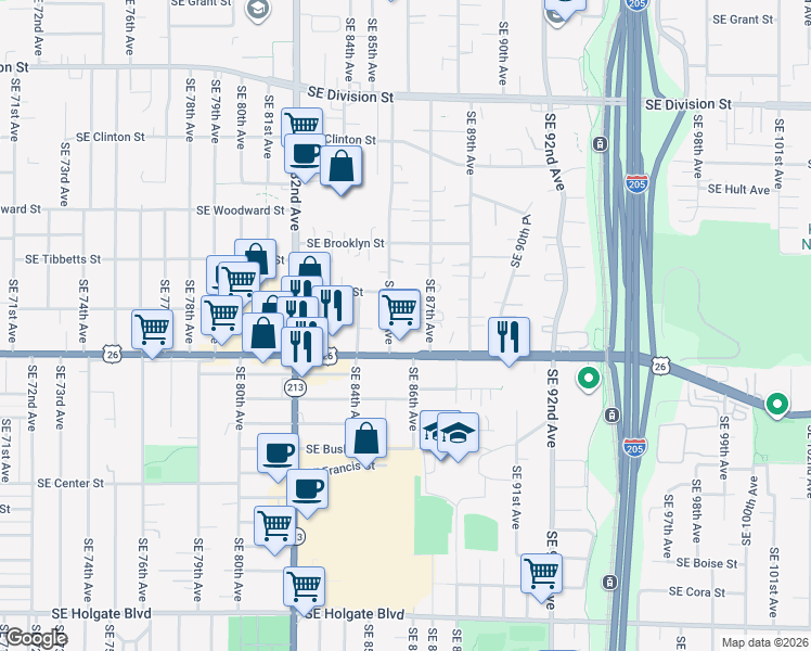 map of restaurants, bars, coffee shops, grocery stores, and more near 3314 Southeast 85th Avenue in Portland