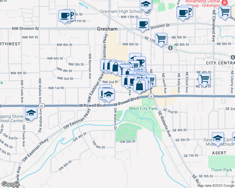 map of restaurants, bars, coffee shops, grocery stores, and more near 224 Northwest 1st Street in Gresham
