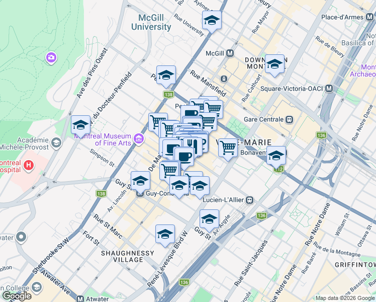 map of restaurants, bars, coffee shops, grocery stores, and more near in Montreal