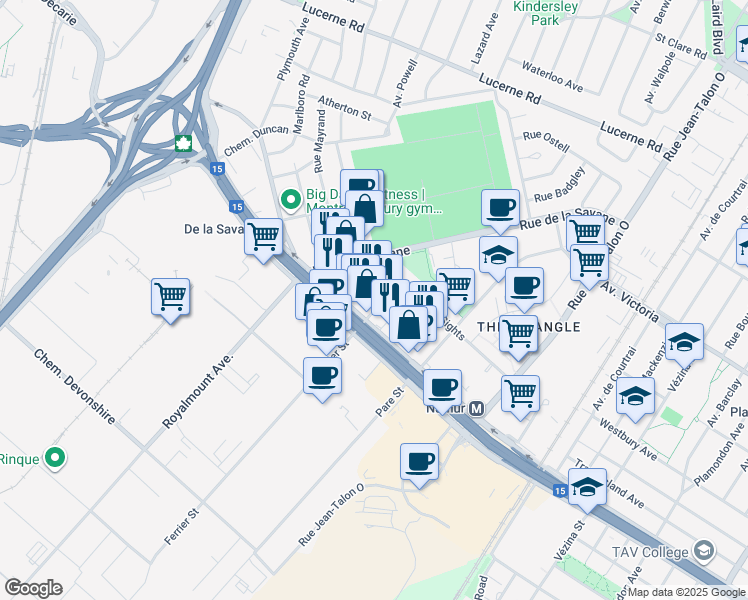 map of restaurants, bars, coffee shops, grocery stores, and more near 5275 Ferrier Street in Montreal