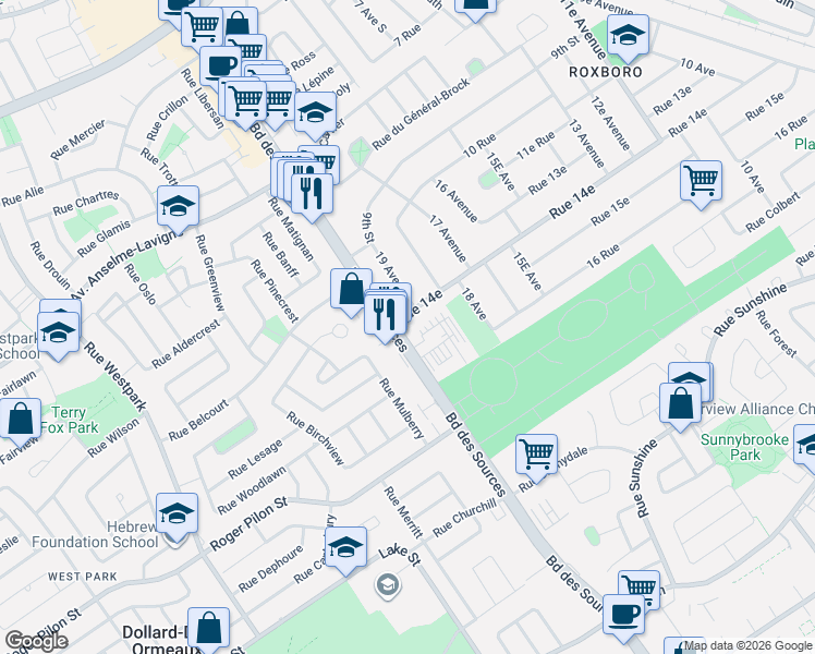 map of restaurants, bars, coffee shops, grocery stores, and more near 4501 Boulevard des Sources in Montréal