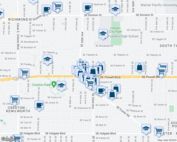 map of restaurants, bars, coffee shops, grocery stores, and more near 3404 Southeast 51st Avenue in Portland