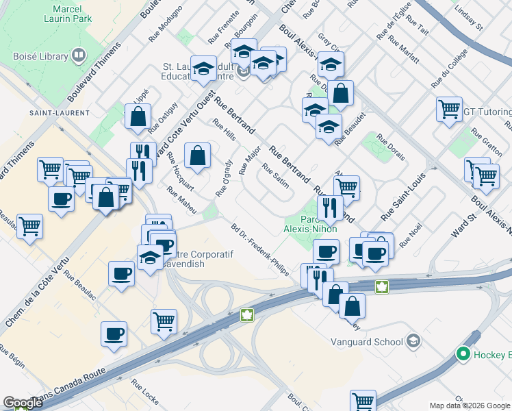 map of restaurants, bars, coffee shops, grocery stores, and more near 2705 Rue Major in Montréal