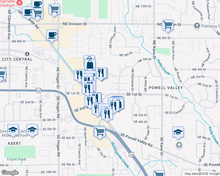 map of restaurants, bars, coffee shops, grocery stores, and more near 55 Northeast Village Squire Avenue in Gresham