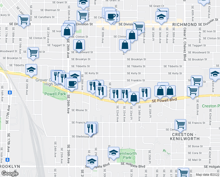 map of restaurants, bars, coffee shops, grocery stores, and more near Southeast Waverleigh Boulevard in Portland
