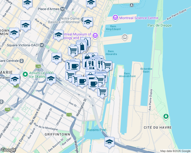 map of restaurants, bars, coffee shops, grocery stores, and more near 50 Rue des Soeurs-Grises in Montréal