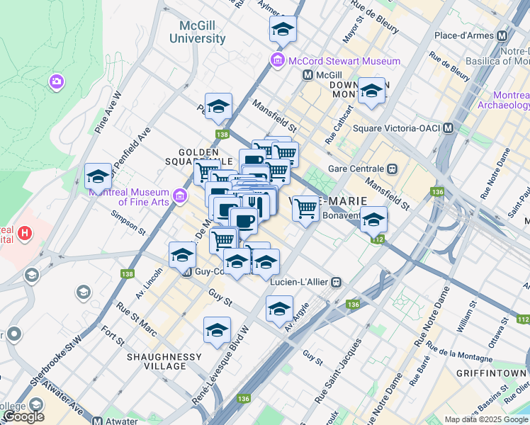 map of restaurants, bars, coffee shops, grocery stores, and more near in Montreal