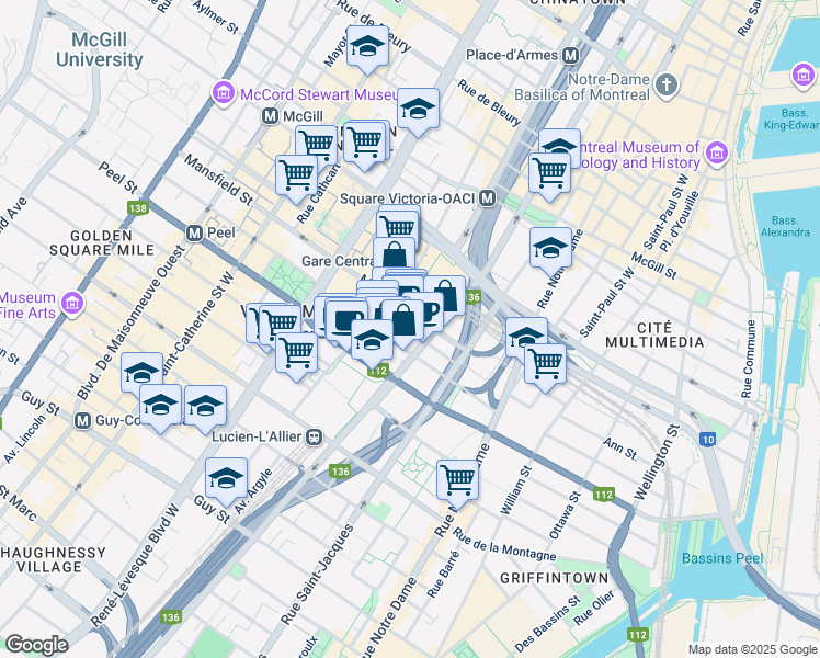 map of restaurants, bars, coffee shops, grocery stores, and more near 1000 Rue de La Gauchetière in Montréal