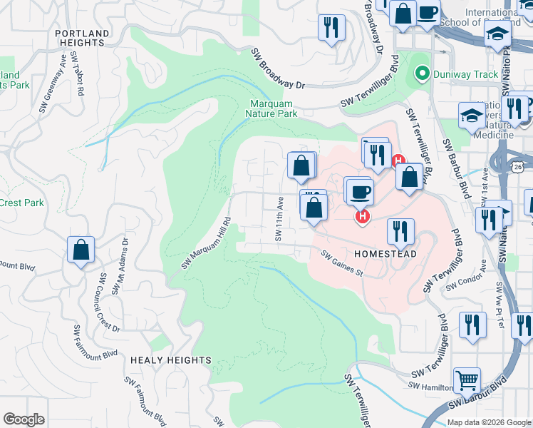 map of restaurants, bars, coffee shops, grocery stores, and more near 3406 Southwest 12th Avenue in Portland