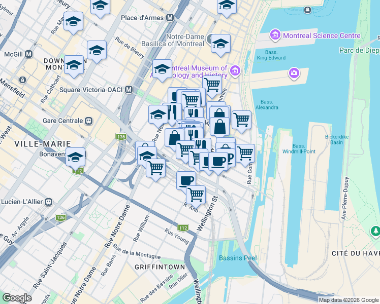 map of restaurants, bars, coffee shops, grocery stores, and more near 705 Rue William in Montréal