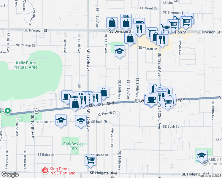 map of restaurants, bars, coffee shops, grocery stores, and more near 3323 Southeast 116th Avenue in Portland